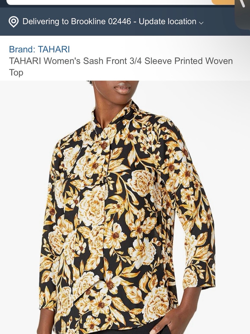 Tahari Black Floral Button-Front Shirt with Gold & Cream Blooms